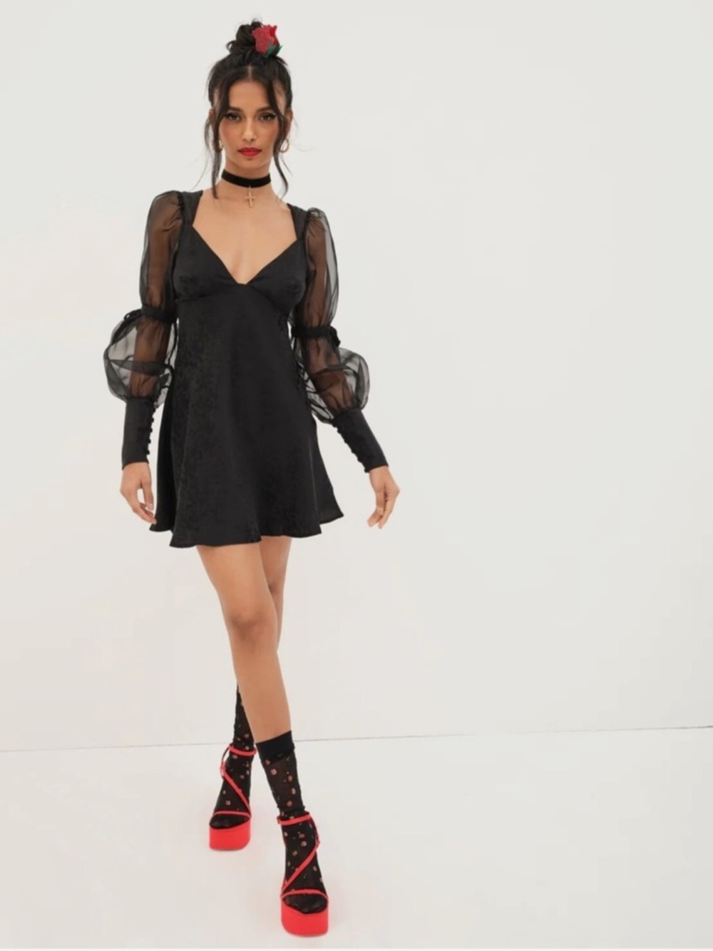 For Love & Lemons Black Gabrielle Puff Sleeve Mini Dress Size Small - Picture 2 of 9